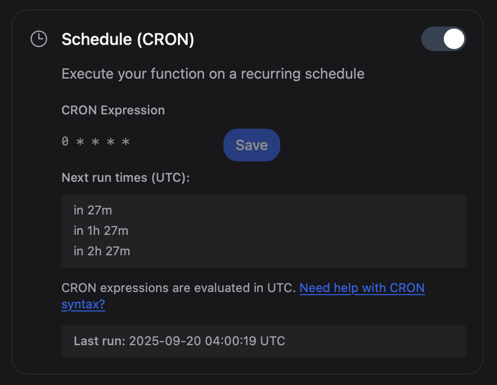 Cron trigger UI showing the schedule toggle, cron expression field, and upcoming run times