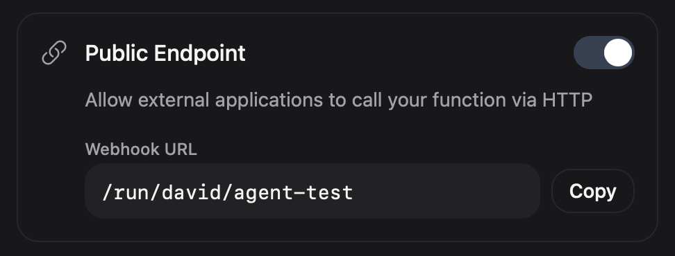 Webhook trigger UI showing the public endpoint toggle and generated URL